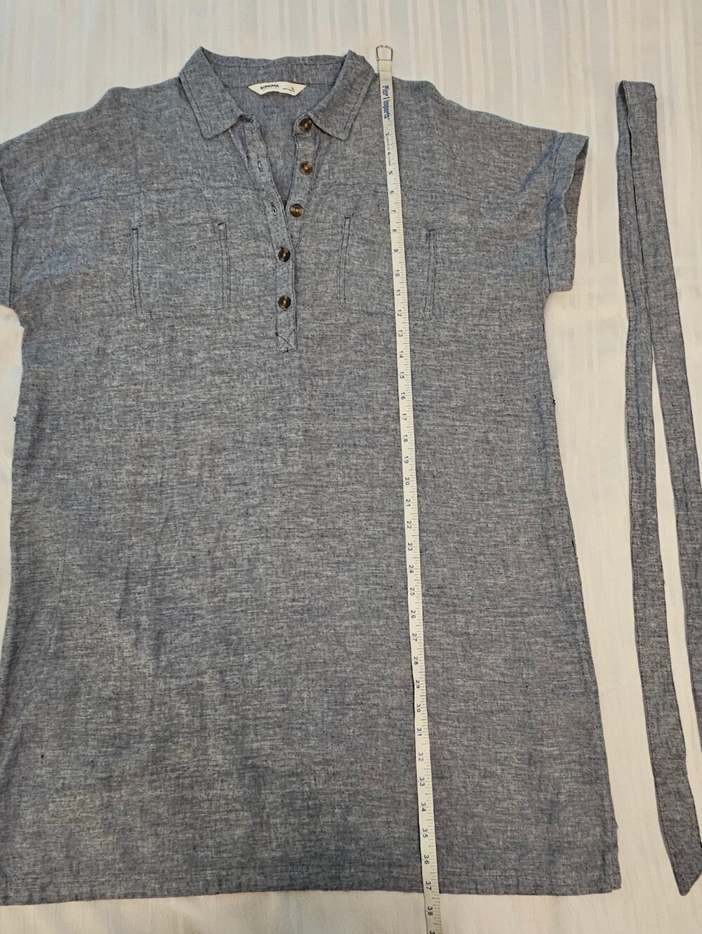 Sonoma Shirt Dress - Blue Linen Rayon Button Pocket Tie Short Sleeve - Size XL - Picture 3 of 10